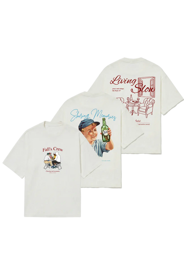 KIT SHARING, LIVING E CREW — detalhe das estampas das camisetas