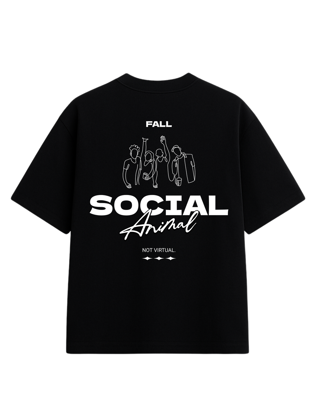 Estampa costas na cor preta com ilustração line art de grupo de amigos, frase Social Animal e Not Virtual