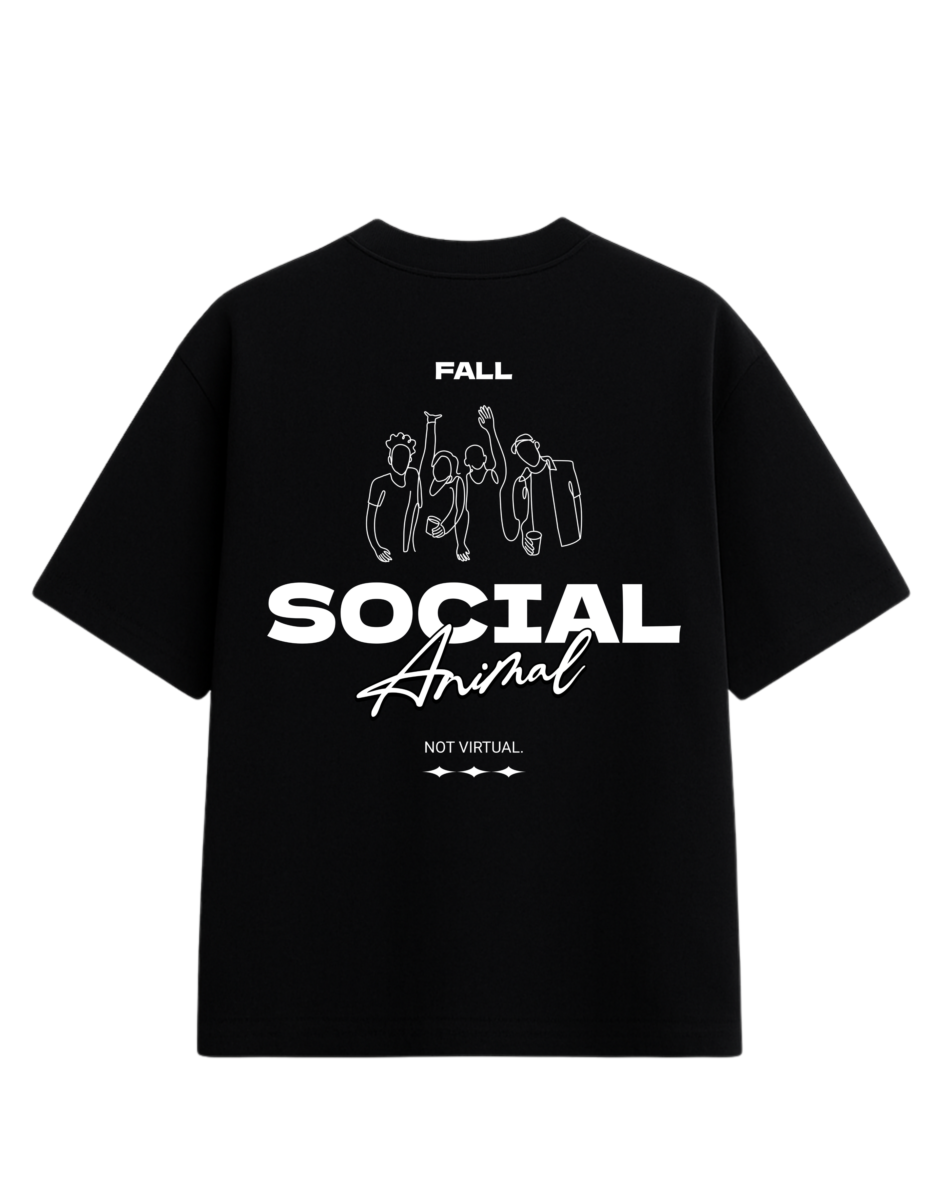 Estampa costas na cor preta com ilustração line art de grupo de amigos, frase Social Animal e Not Virtual