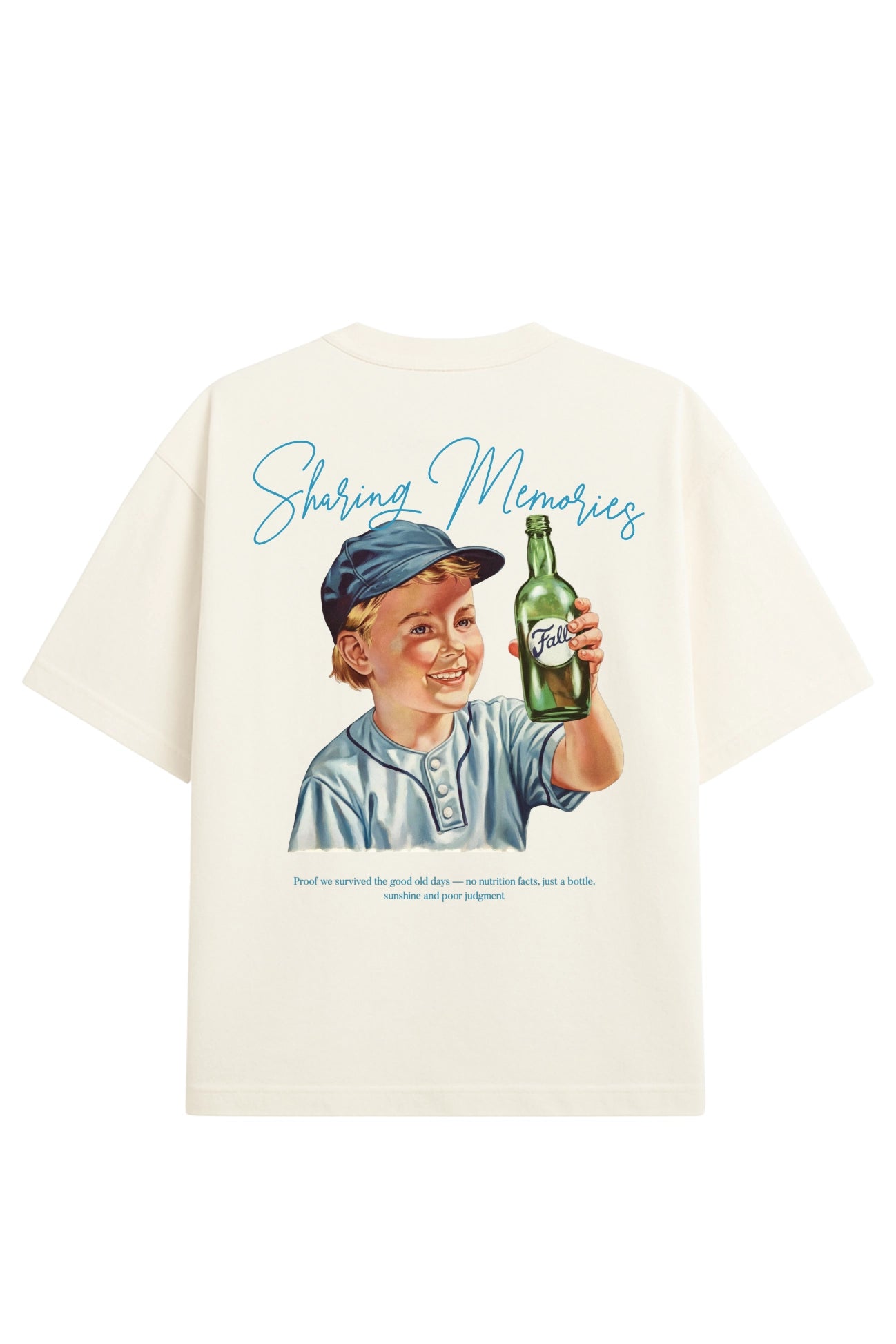 Detalhe estampa  vintage costas Sharing Memories tipografia branca design streetwear