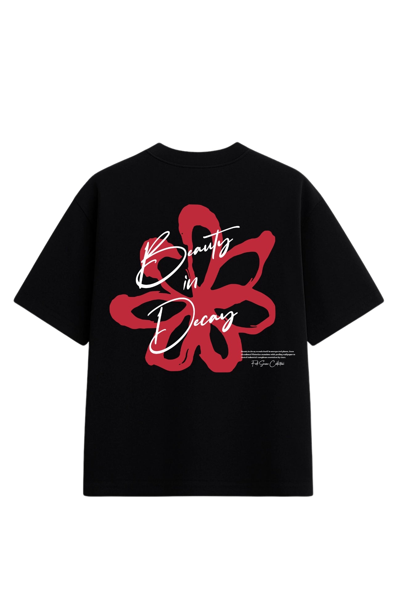 Camiseta Oversized Flower preta masculina com estampa grande de flor vermelha pintura manual e frase Beauty in Decay
