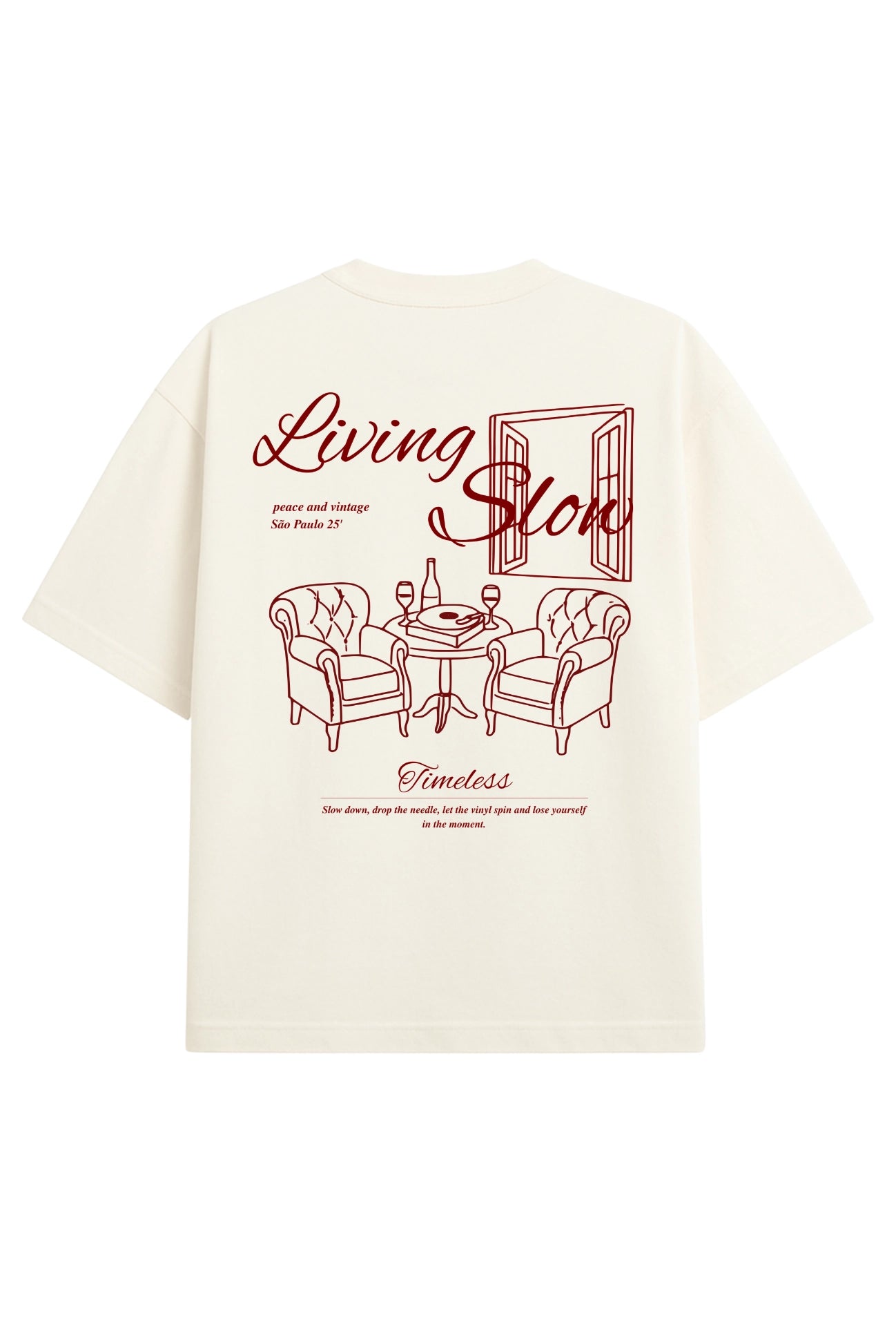 Estampa tipografia Living Slow costas off white fonte moderna design clean camiseta urbana