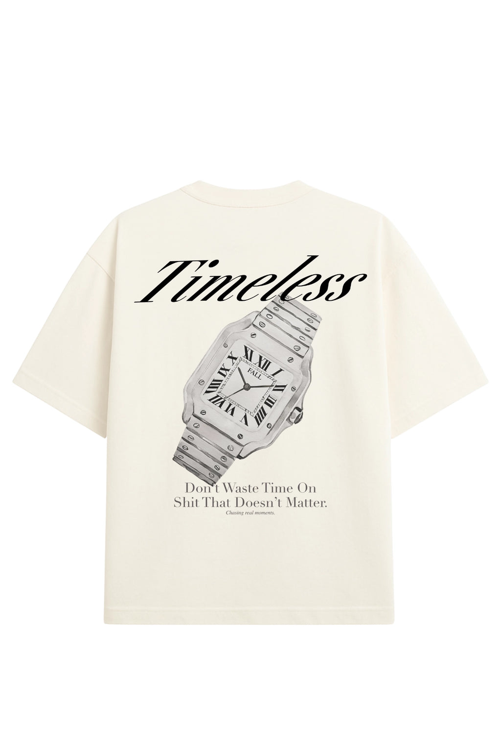 Visual das costas camiseta Watch Off white modelagem ampla e design exclusivo de um relógio vintage
