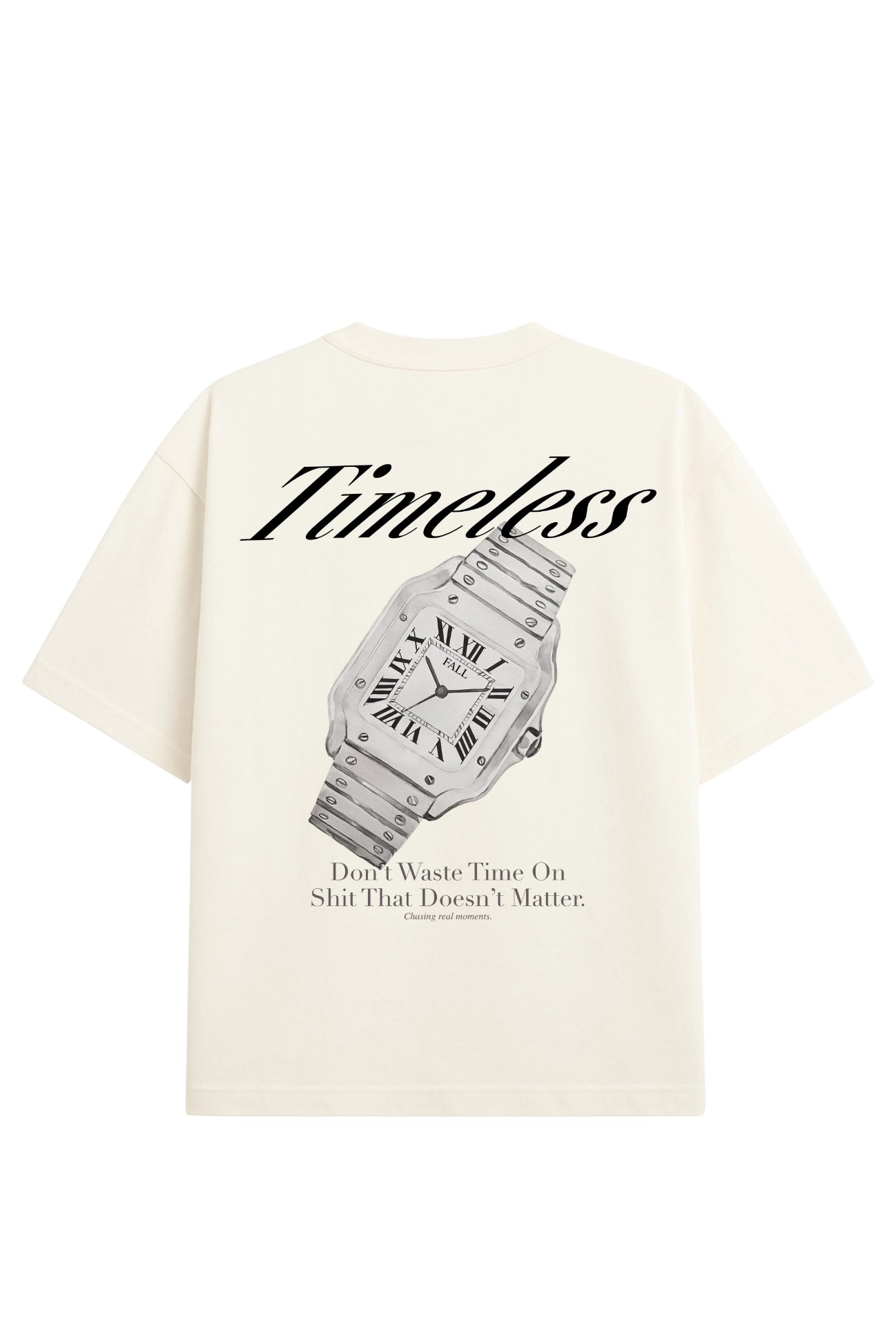 Visual das costas camiseta Watch Off white modelagem ampla e design exclusivo de um relógio vintage