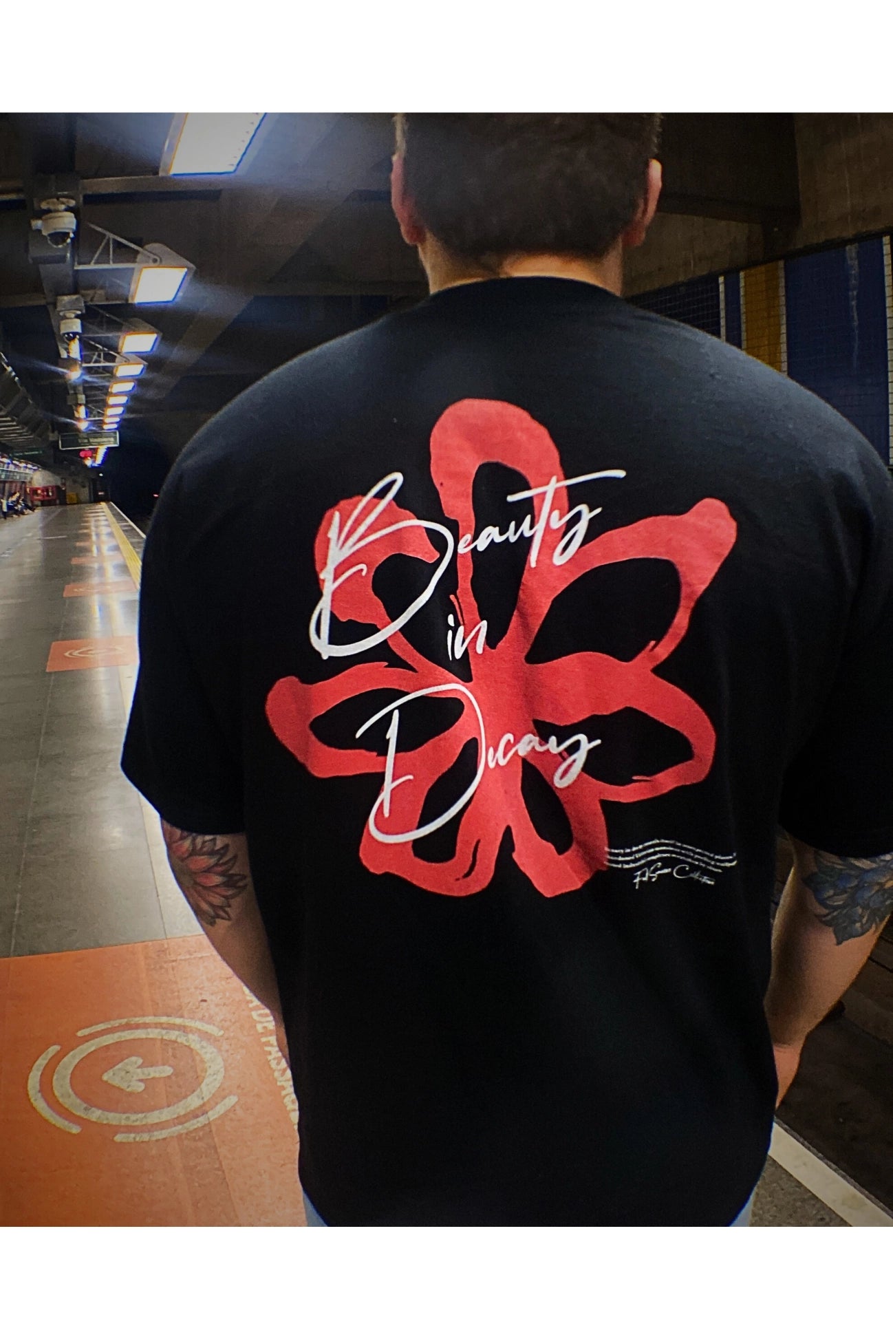 Detalhe artístico traço de pincel flor vermelha e tipografia cursiva Beauty in Decay design exclusivo