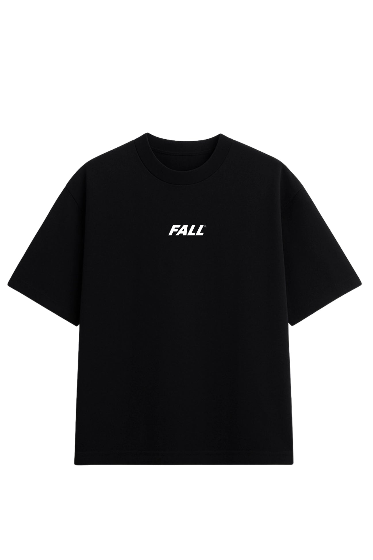 Detalhe estampa logo FALL em tipografia itálica bold com símbolo de marca registrada ® cor preta