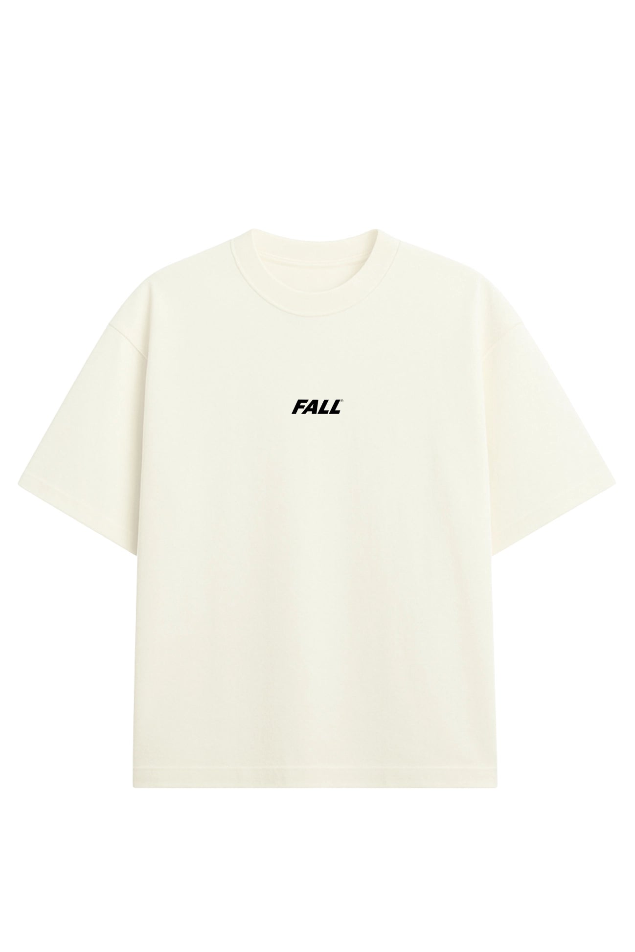 Camiseta Oversized Off-White masculina com logo FALL preto centralizado no peito design minimalista