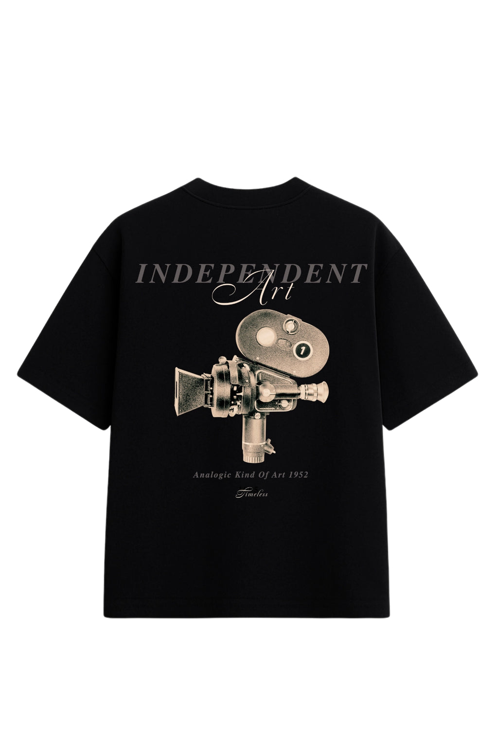 Camiseta Oversized Independent Art Preta estampa câmera fotográfica vintage anos 50 streetwear