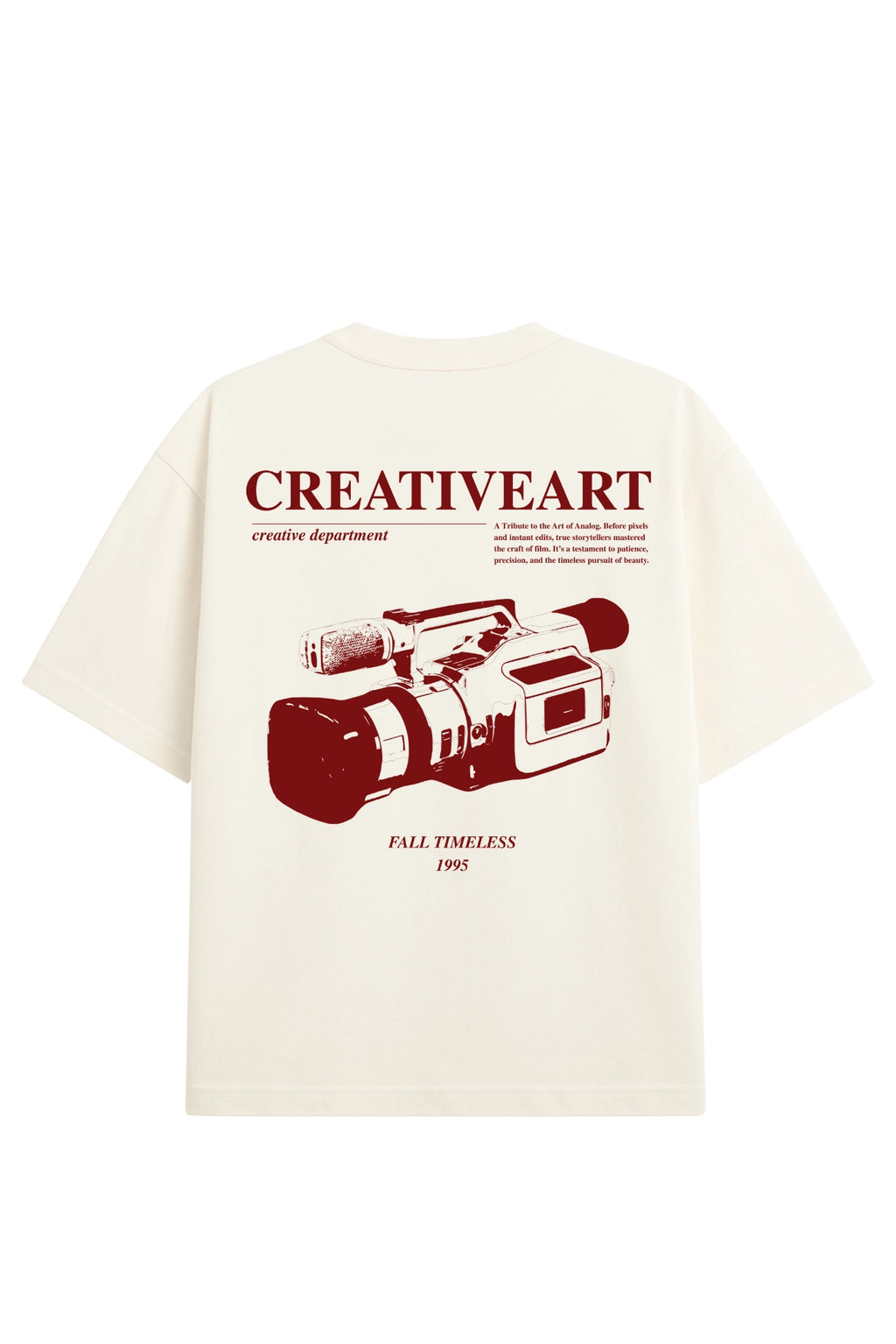 Camiseta Oversized Creative Art Off-White masculina com estampa frontal e nas costas design gráfico moderno