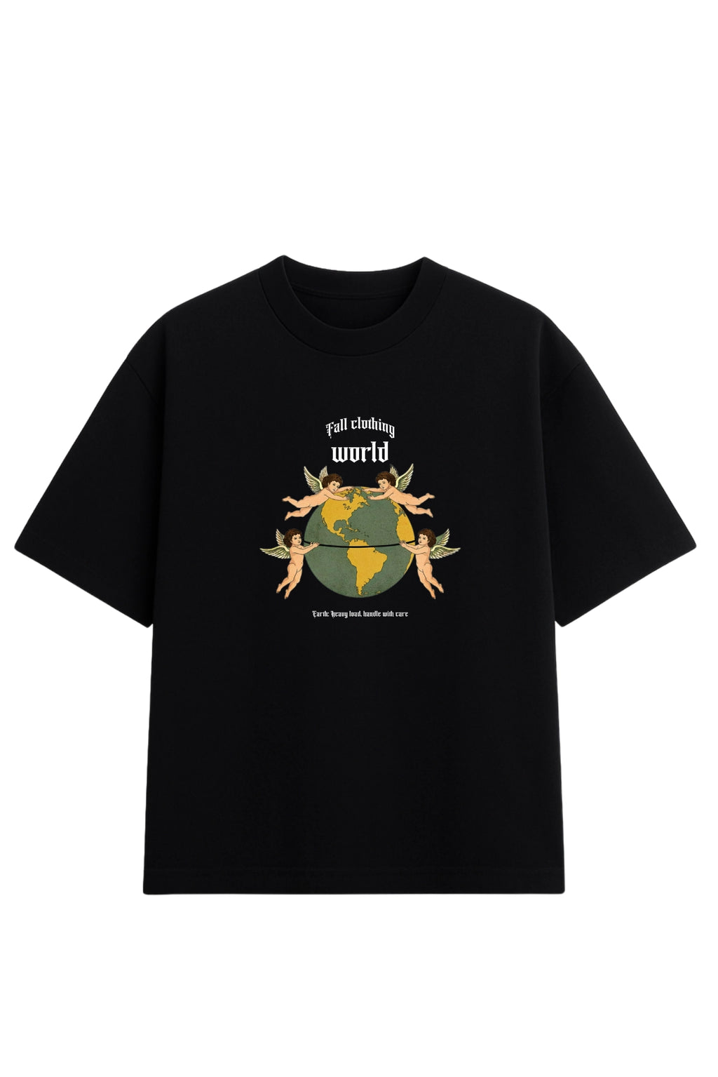 Camiseta Oversized Angels preta masculina estampa frontal com quatro anjos segurando o globo terrestre