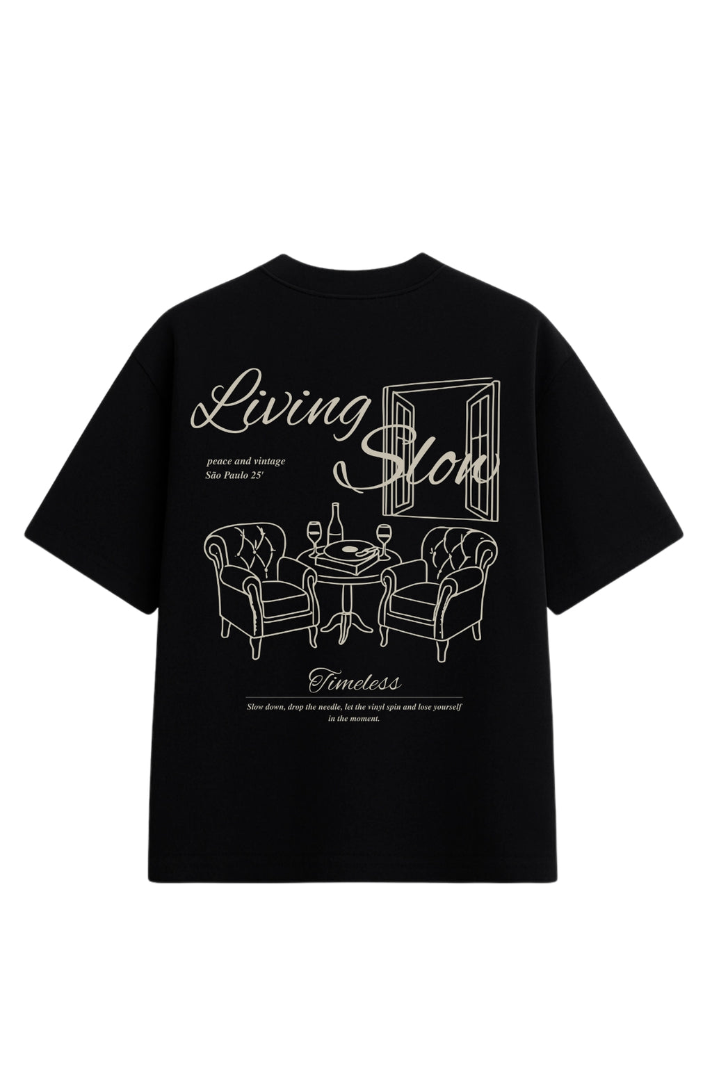 Camiseta Streetwear Oversized Living Slow Preta masculina Fall Clothing design minimalista