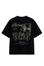 Camiseta Streetwear Oversized Living Slow Preta masculina Fall Clothing design minimalista
