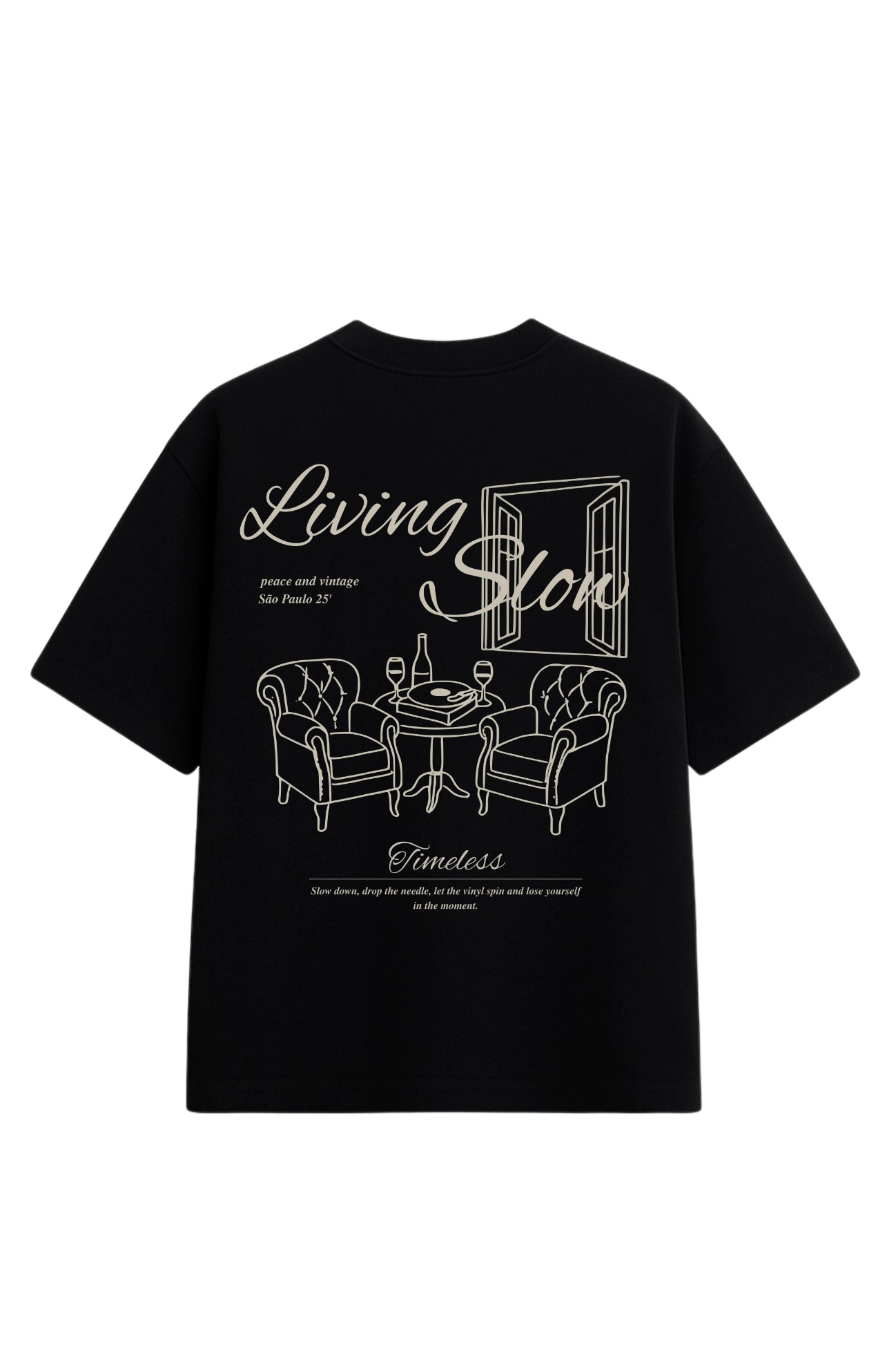 Camiseta Streetwear Oversized Living Slow Preta masculina Fall Clothing design minimalista